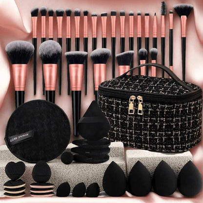 Makeup Brush Set, 23-, 44- or 47-Piece Nylon Bristle Kit with Blending Sponges and Leopard, Beige or Black Bag