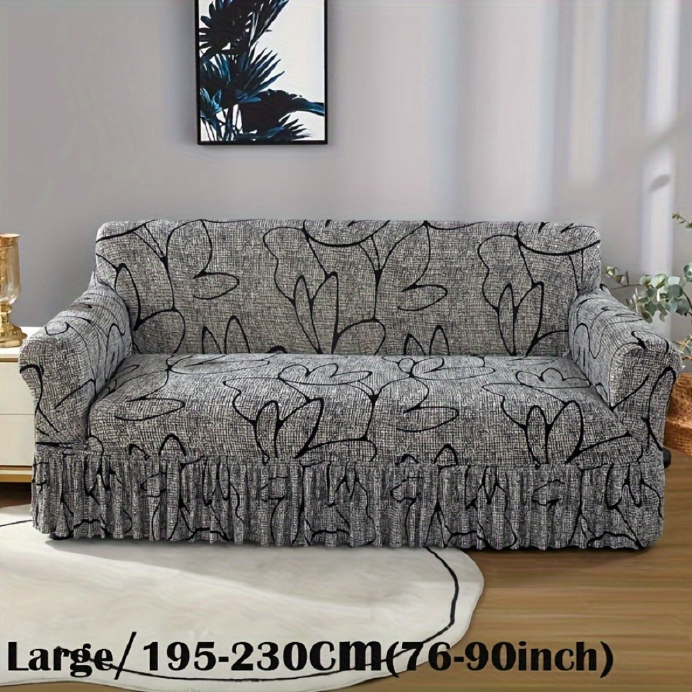 Sofa Cover Gray Printed Skirt Slipcover with Elastic Stretch Fit for 1, 2, 3 or 4-Seater Sofas