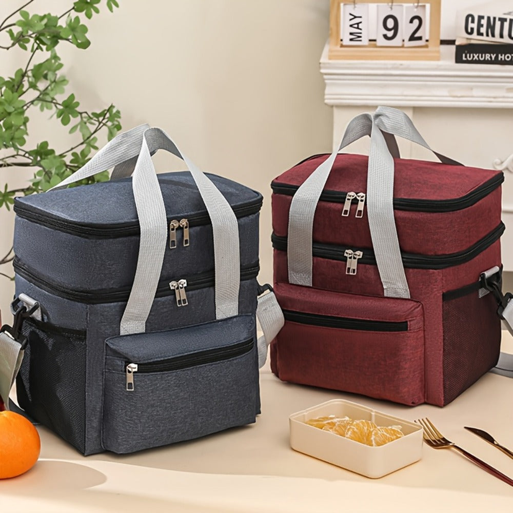 Lunch Bag with Shoulder Strap Double Pocket Portable Cooler Tote for Men Women Work School Picnic Beach in Black Grey Burgundy Blue