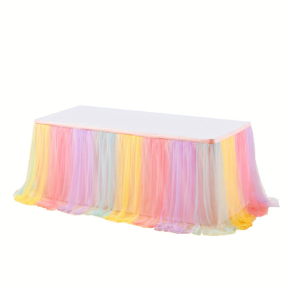 Pink Tutu Table Skirt 6ft – Ruffle Tulle Table Skirt for Rectangle & Round Tables, Princess Girls Birthday Party, Cake Dessert Table Decor, Gold Brim, Multiple Colors Available