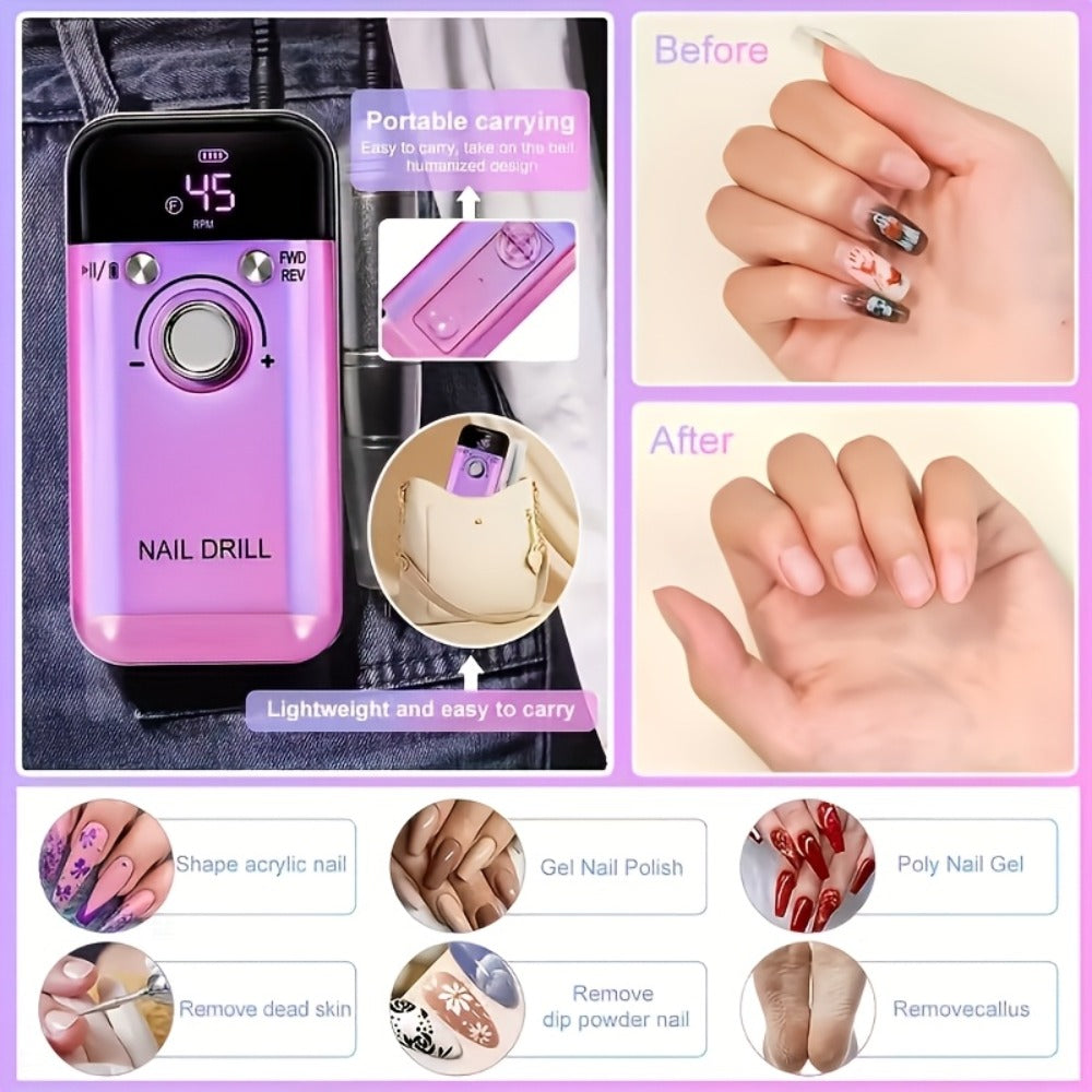Electric Nail Drill 45000 RPM Rechargeable Kit with LCD, Forward Reverse and Four Color Options