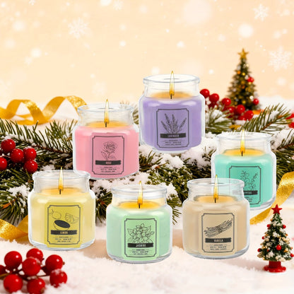 Six-Piece Candle Gift Set with 3.5oz Glass Jars, Fitted Lids, Six Fragrances and Coordinated Gift Box