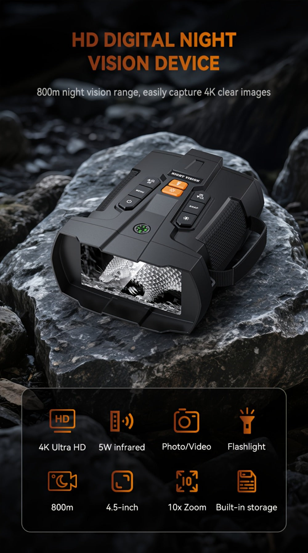 Black Digital Night Vision Binoculars with 4.5-Inch Screen, 10X Digital Zoom, Seven IR Levels and 5000mAh Battery