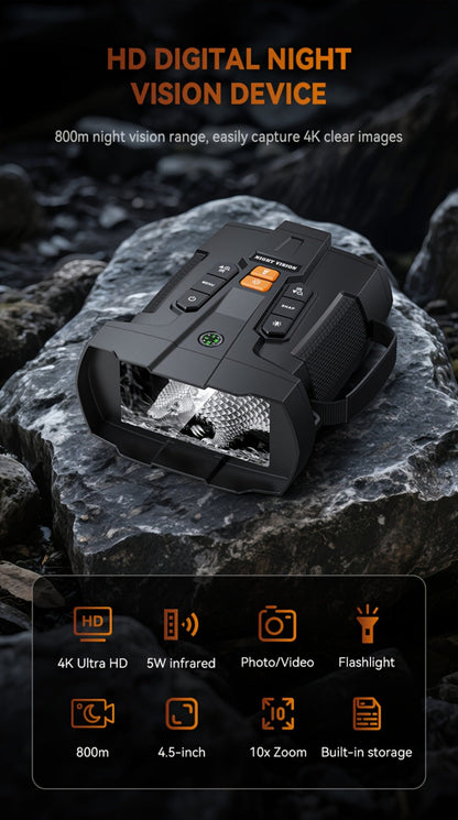 Black Digital Night Vision Binoculars with 4.5-Inch Screen, 10X Digital Zoom, Seven IR Levels and 5000mAh Battery