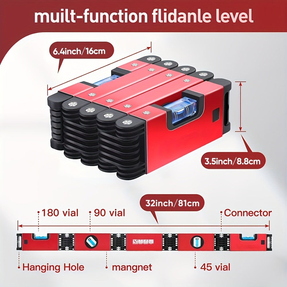 Red Folding Multi-Angle Bubble Level with Hinged Sections for Carpentry and Home DIY Layout