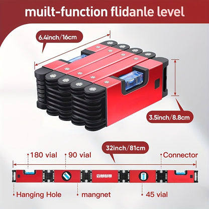 Red Folding Multi-Angle Bubble Level with Hinged Sections for Carpentry and Home DIY Layout