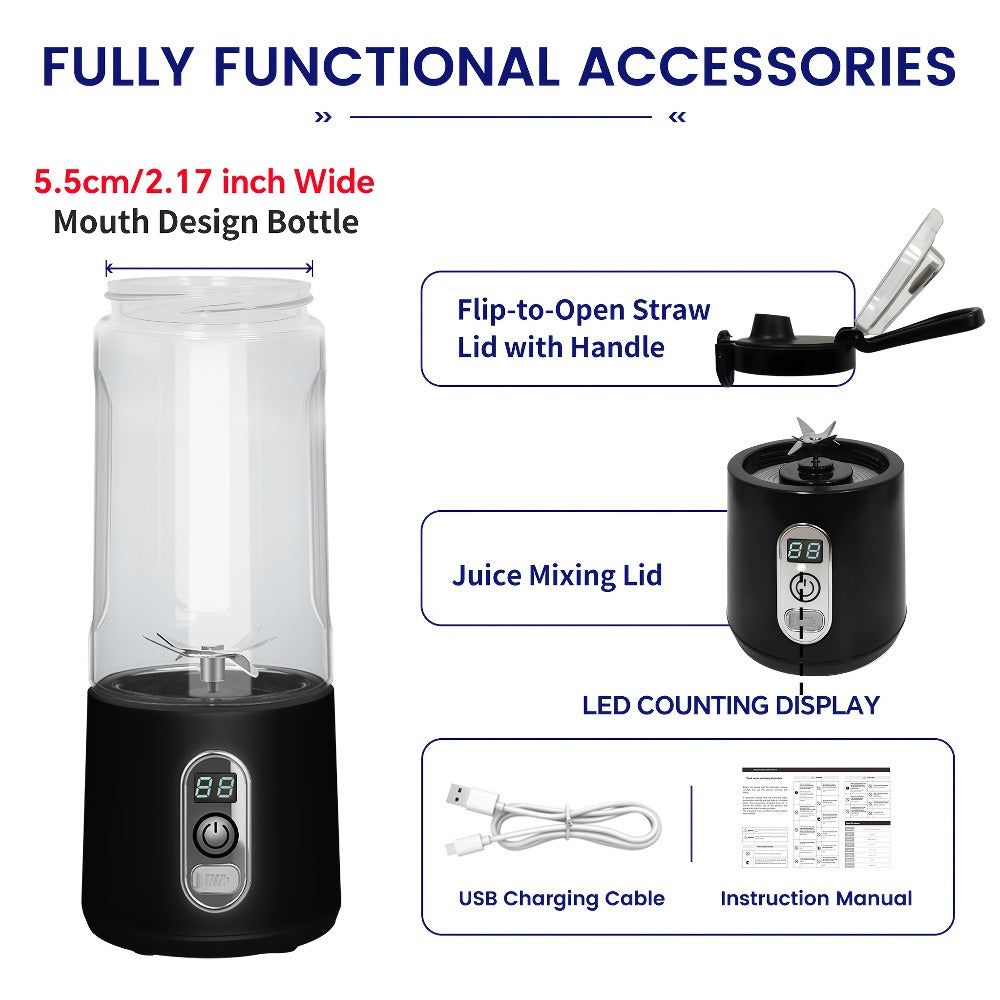 Portable Blender with Clear Cylindrical Cup, Digital Timer Display, Flip-Up Handle and Three Color Options