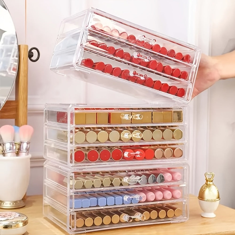 Clear Acrylic Makeup Organizer 5-Tier with Drawers Dustproof Cosmetic Storage for Lipstick Foundation Brushes Skincare — No Installation Vanity Bathroom Office Desk