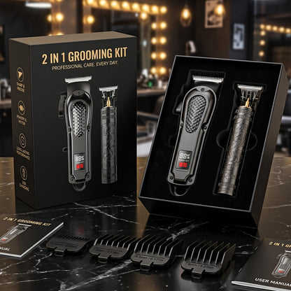2-Piece Hair Clipper Set with Full-Size Clipper, Detail Trimmer, Guide Combs and USB Charging Accessories