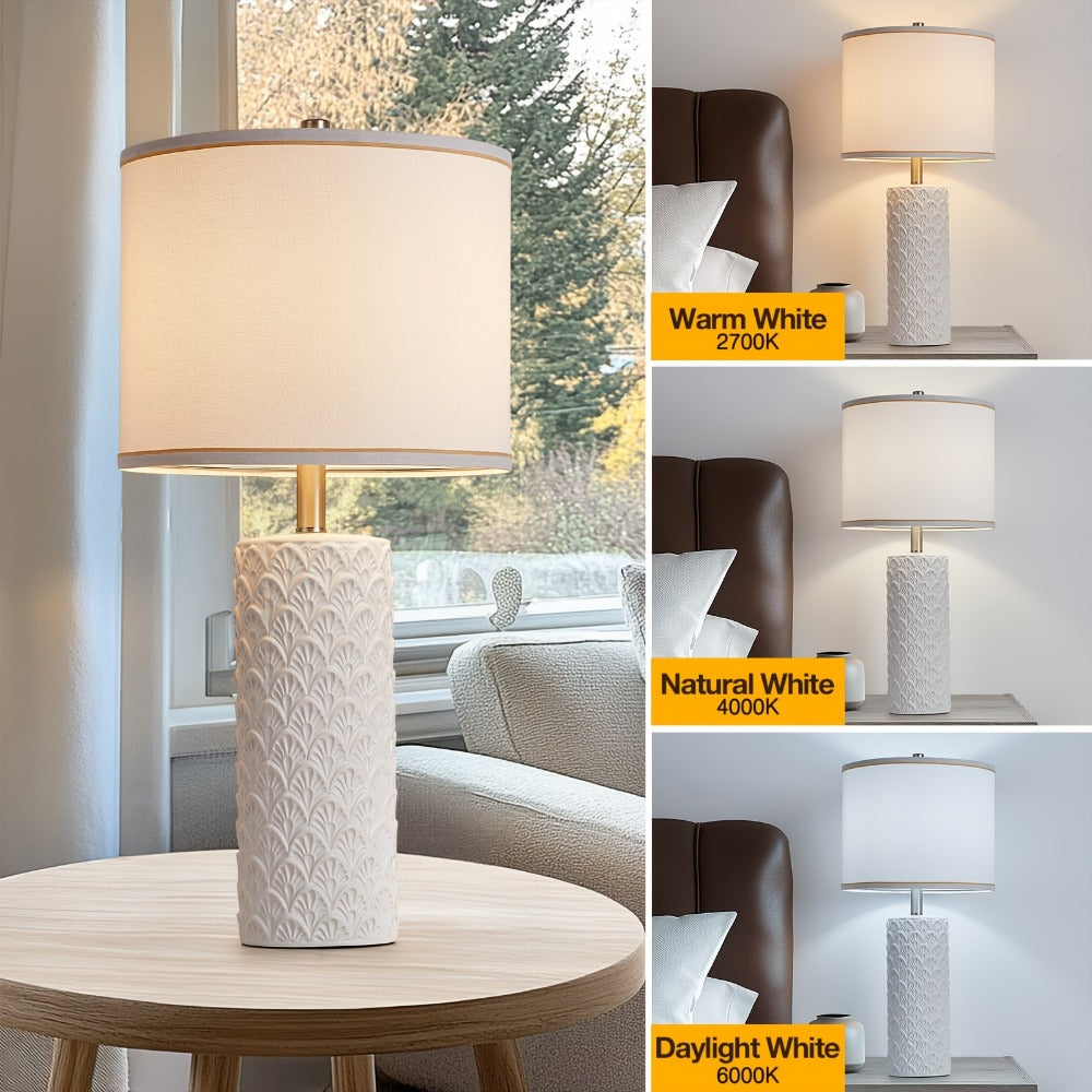 Ceramic Table Lamp – Modern Farmhouse Bedside Lamp with Drum Shade, 3 Color Temperature, Knob Switch, 9W LED Bulb Included, Rustic Nightstand Desk Light for Bedroom Living Room Office Dorm (Multiple Colors)