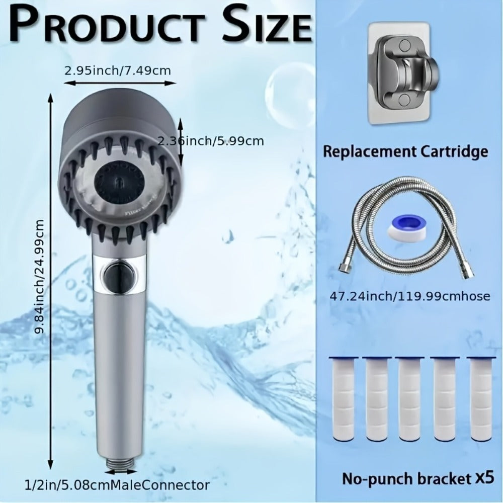 Nine-Piece Handheld Shower Head Set with Three Spray Modes, 59-Inch Hose, Five Cartridges and Wall Bracket