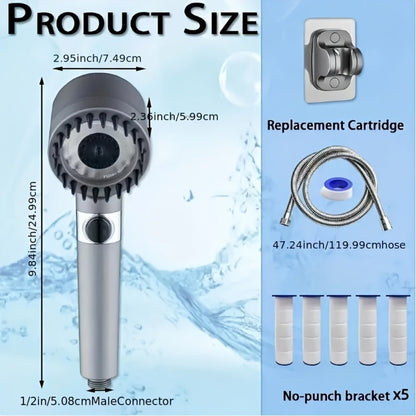 Nine-Piece Handheld Shower Head Set with Three Spray Modes, 59-Inch Hose, Five Cartridges and Wall Bracket
