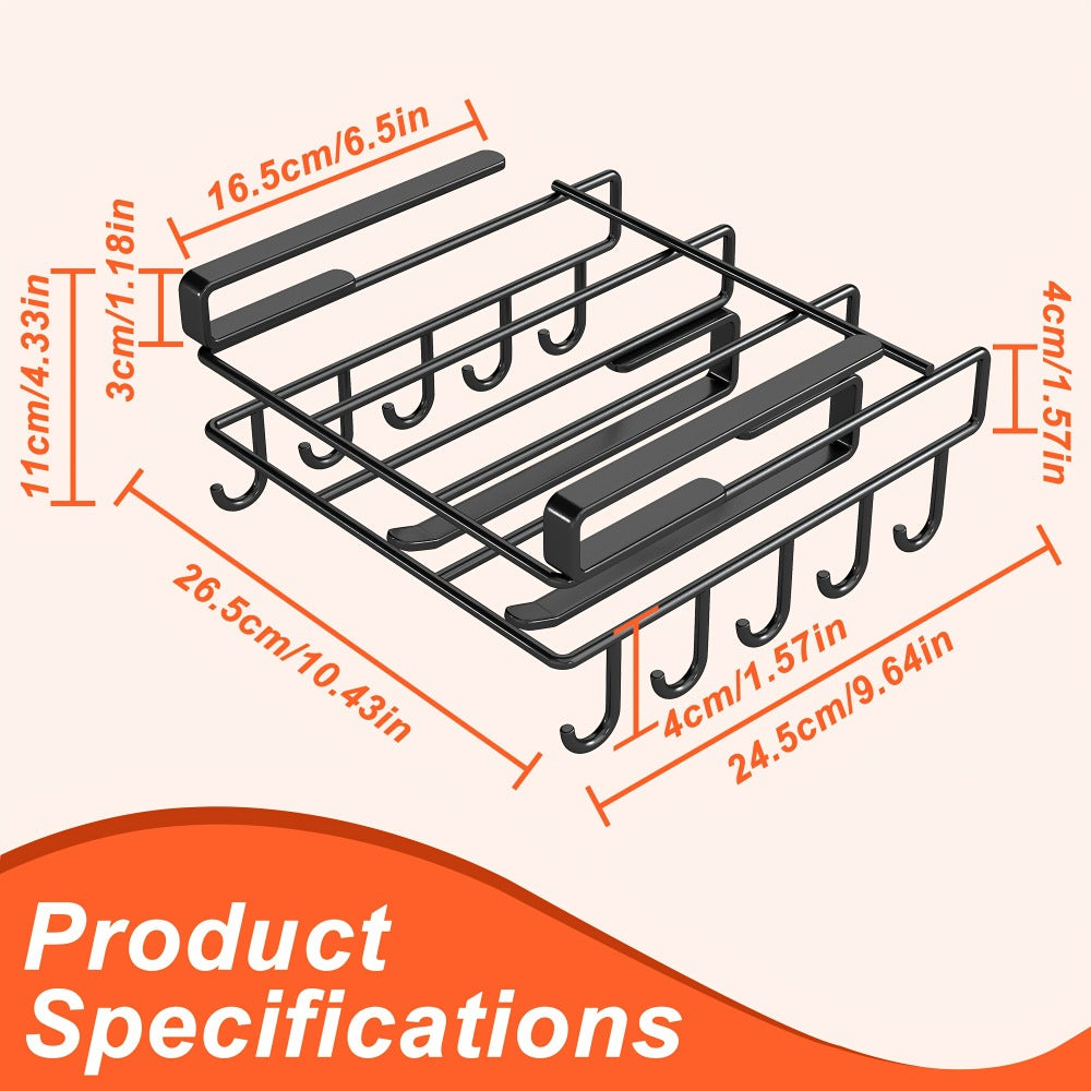 Under Cabinet Organizer Rack with Hooks – Heavy Duty Carbon Steel Kitchen Shelf for Utensils, Towels, Cups & Cutting Boards – No-Drill Door-Mount Space-Saving Kitchen Storage