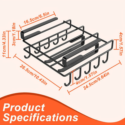 Under Cabinet Organizer Rack with Hooks – Heavy Duty Carbon Steel Kitchen Shelf for Utensils, Towels, Cups & Cutting Boards – No-Drill Door-Mount Space-Saving Kitchen Storage