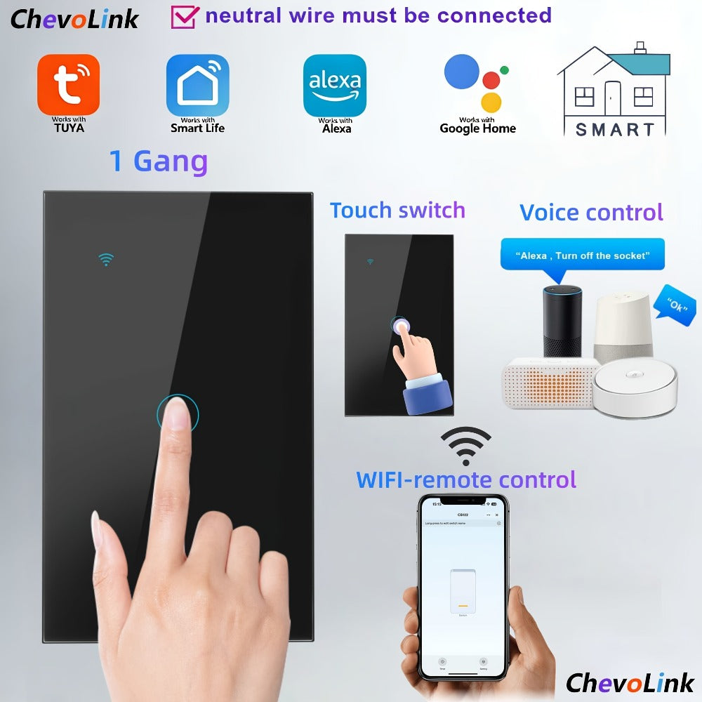 Black Glass WiFi Touch Wall Switch with One-, Two-, Three- or Four-Gang US-Style Options and Neutral-Wire Wiring
