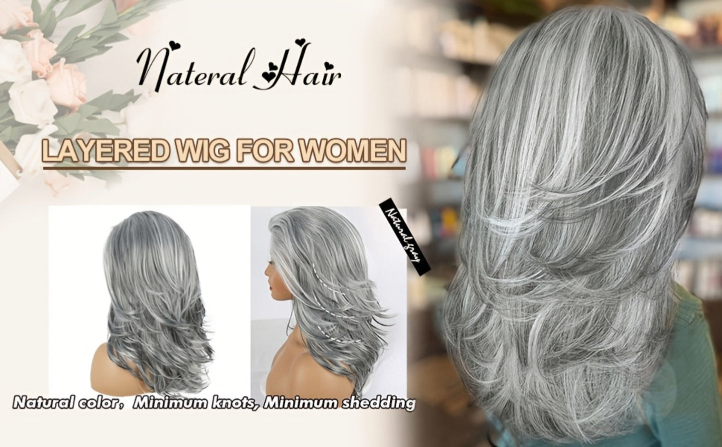 Synthetic Wig 18-Inch Layered Silvery Waves with Highlights in Two Colors and Rose Net Cap
