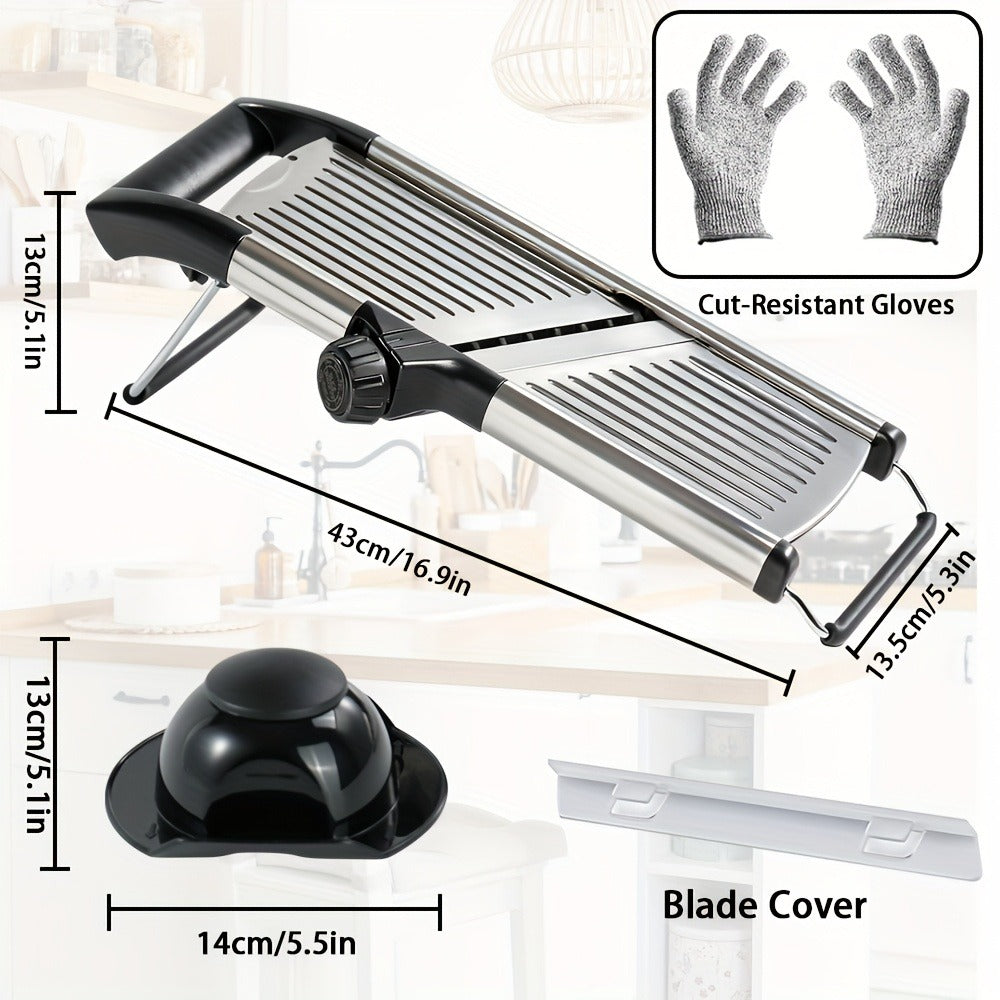 Adjustable Mandoline Slicer with Five Thickness Settings, Hand Guard and Optional Protective Gloves
