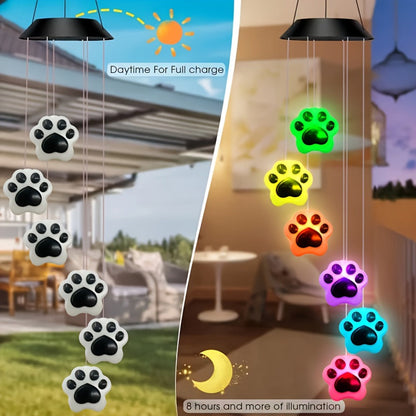 Solar Wind Chime Light Paw Print RGB Color Changing Outdoor Garden Hanging Decoration, Dog Cat Pet Memorial Wind Chime Solar Powered for Balcony Patio Courtyard Yard Holiday Gift for Pet Lovers