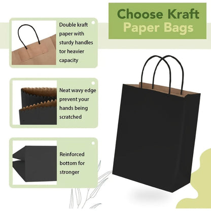 Kraft Paper Gift Bags with Handles in White, Black or Brown, Available in 25, 75, 100 or 300 Piece Packs