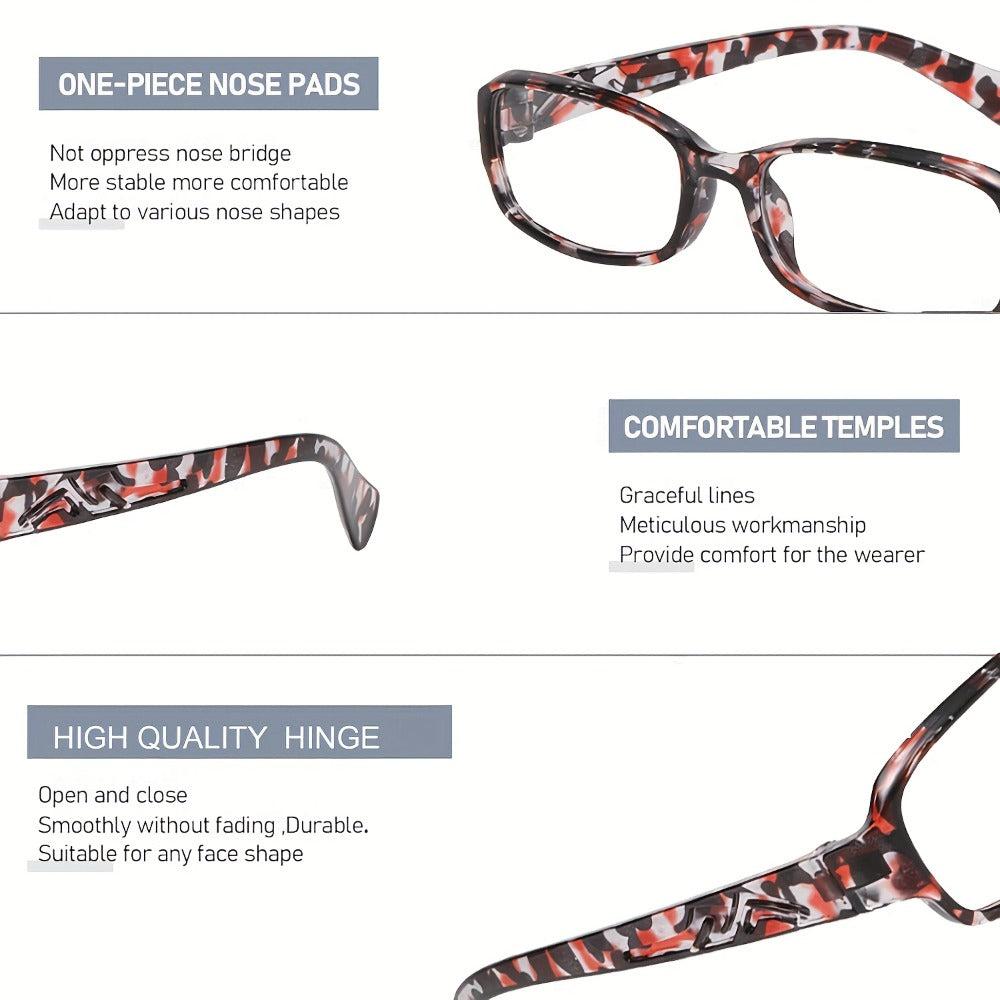 Reading Glasses 5-Pack Square Multicolor Printed Frames with HD Lens Label & 1.0x to 4.0x Options