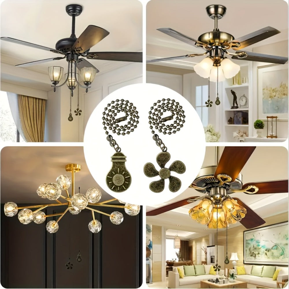 Eight-Piece Ceiling Fan Pull Chain Extension Set with Leaf and Bulb Pendants in Five Finish Options