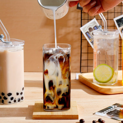 Square Glass Cups with Lids and Straws Set - 13oz BPA-Free Coffee Drinking Glasses for Home Office Outdoor