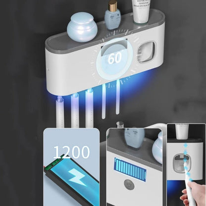 Five-Slot Gray Wall-Mounted Toothbrush Holder with Toothpaste Dispenser, Top Shelf and Display