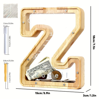Alphabet Wooden Money Bank with Clear Front Panel, Coin Slot and A-to-Z Letter Options for Adults