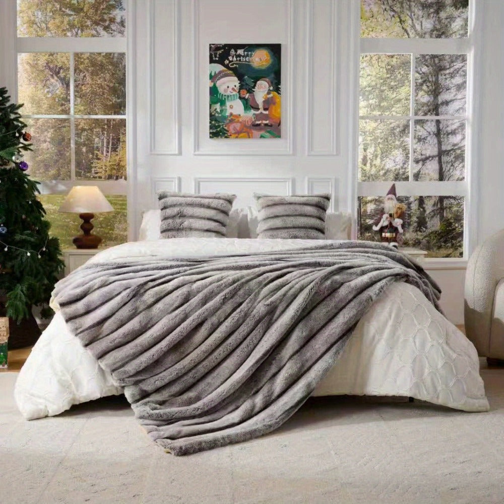 Double-Layer Faux Rabbit Fleece Blanket in Grey, Khaki or Beige with Five Sizes from Small Throw to King