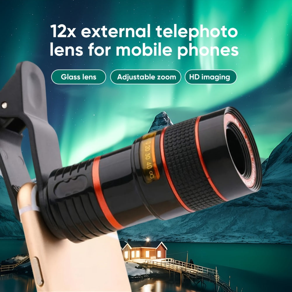 Twelve-Times Clip-On Telephoto Lens for Smartphones with Adjustable Focus and Pictured 3.2 cm Body Width