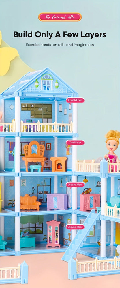 Princess Doll House Castle with Furniture & Accessories – Pink or Blue Mini Villa Playset 14 to 27 Rooms, Imaginative Play Logical Thinking Toy for Girls Ages 3+ Birthday Christmas Gift