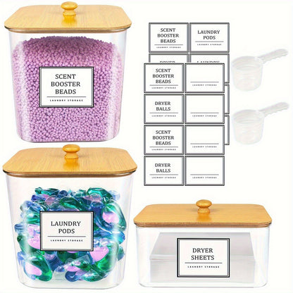 Laundry Pods Container & Dryer Sheet Holder Set with Bamboo Lids, Clear Laundry Room Organization Containers for Scent Booster, Powder, Pods – 3+1 Pack