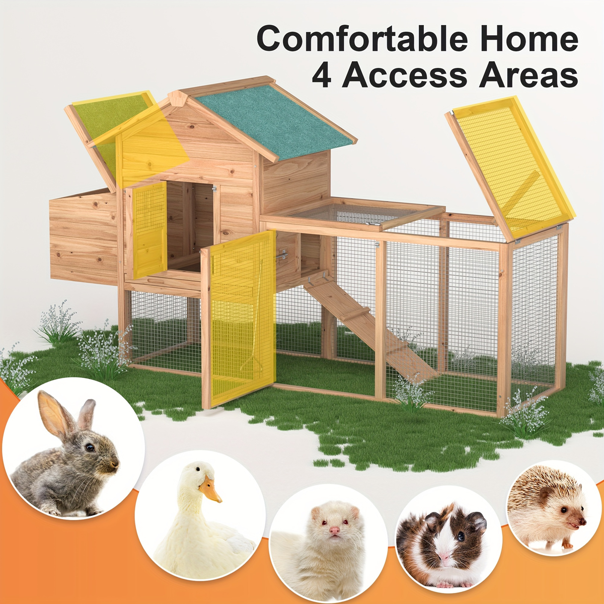 Wooden Rabbit Hutch Outdoor Chicken Coop with Run Nesting Box Ramp Sliding Tray Asphalt Roof Fir Wood for Garden, Patio and Yard Use
