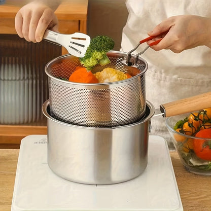 Cookware Set, Four-Piece Stainless Steel Fryer Pot with 7.87-Inch Glass Lid, Basket Rack, Tongs and Wood-Look Handle