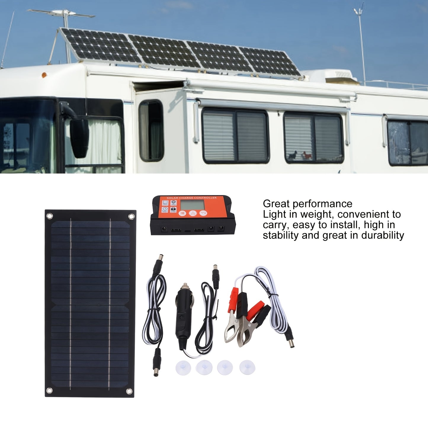 Monocrystalline Solar Panel Kit 18V with 100A Charge Controller – Portable High-Efficiency Solar Charger for RV, Camping, Outdoor Travel & Fishing, 12V/24V Off-Grid Power System with Extension Cable & Battery Clamps