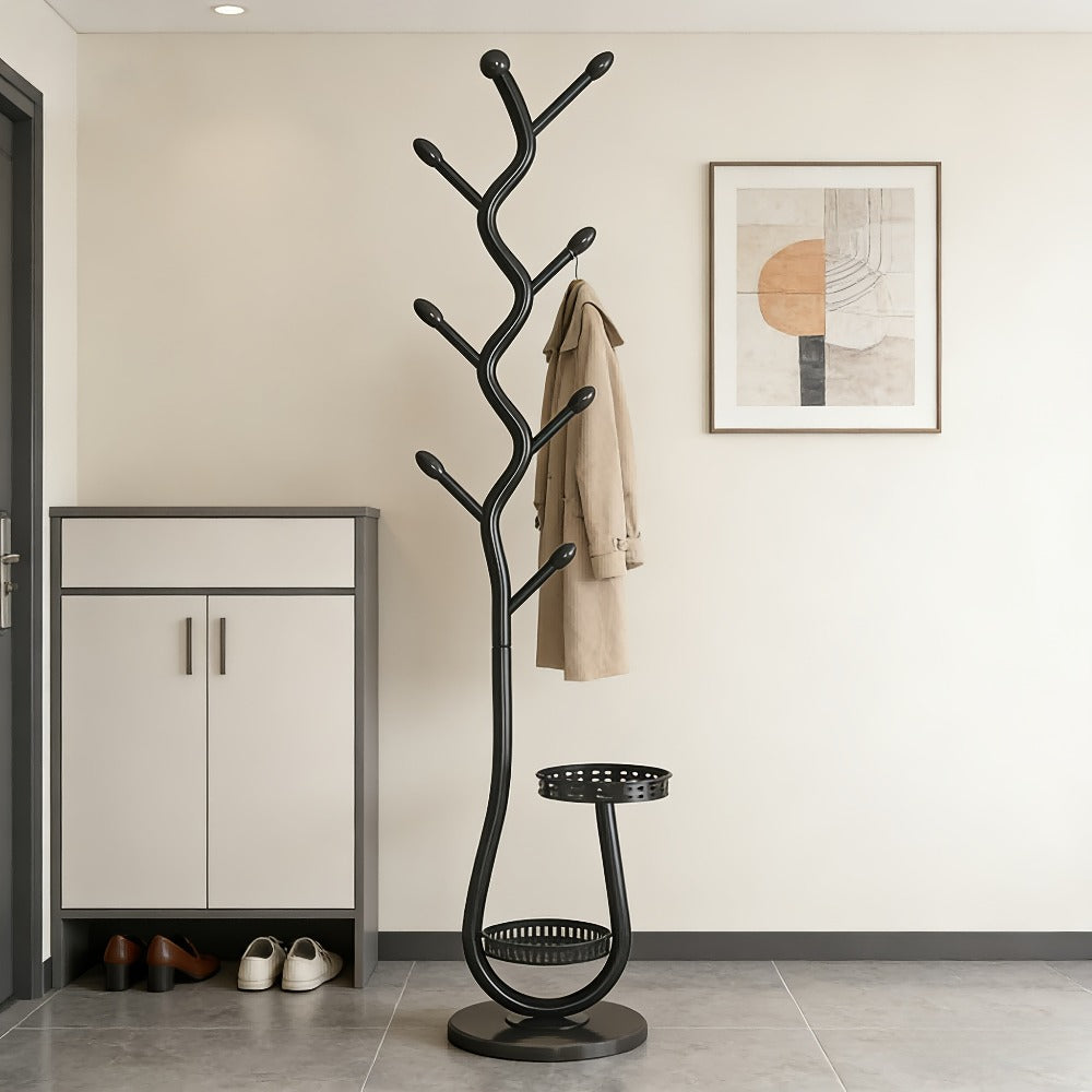 Freestanding Coat Tree with Branching Hooks, Circular Lower Shelf and White, Black or Golden Finish