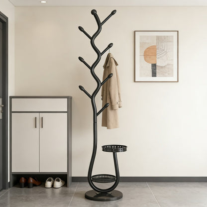 Freestanding Coat Tree with Branching Hooks, Circular Lower Shelf and White, Black or Golden Finish