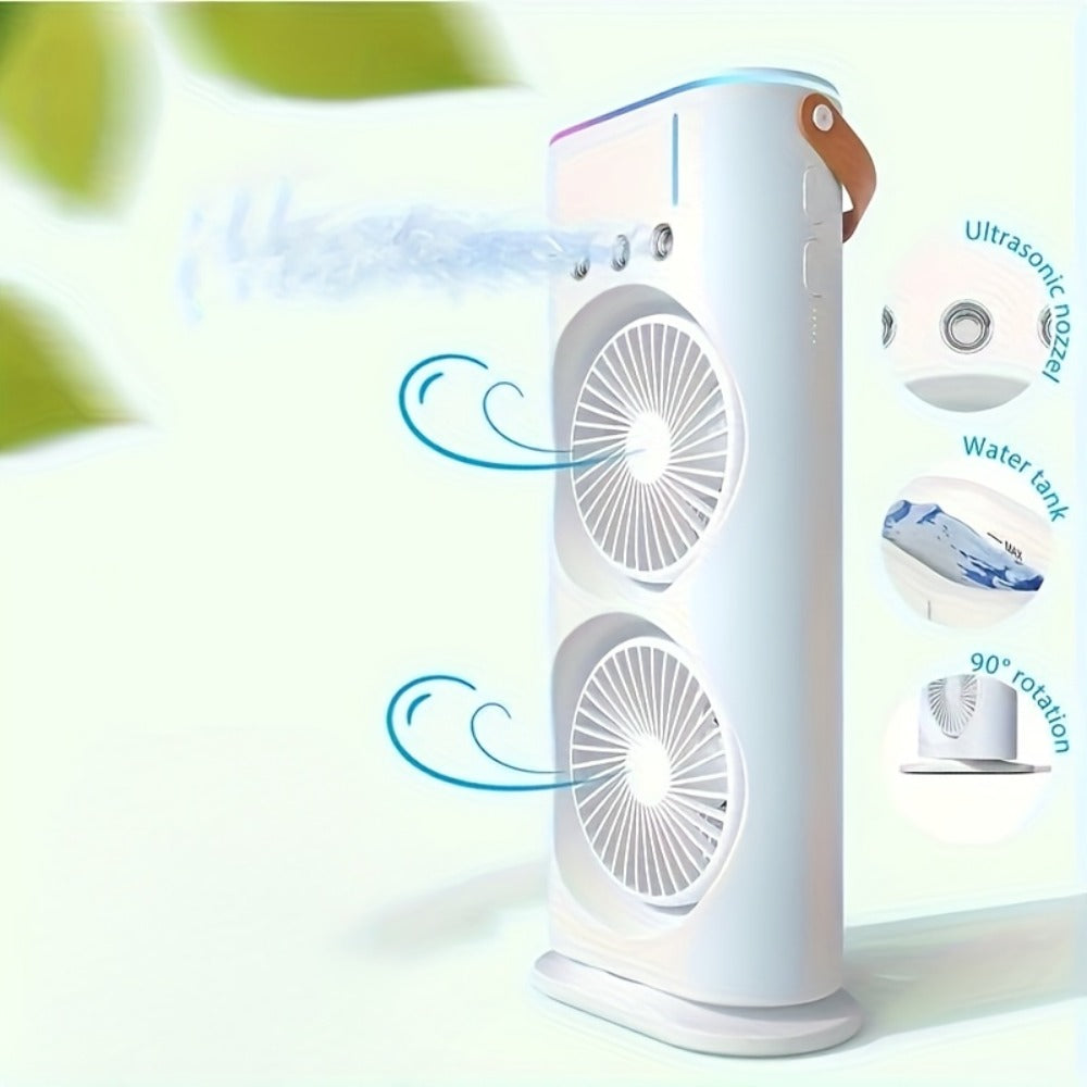 Dual-Head Misting Fan with Top-Fill Reservoir, Adjustable Heads, Spray Control and USB Rechargeable Power