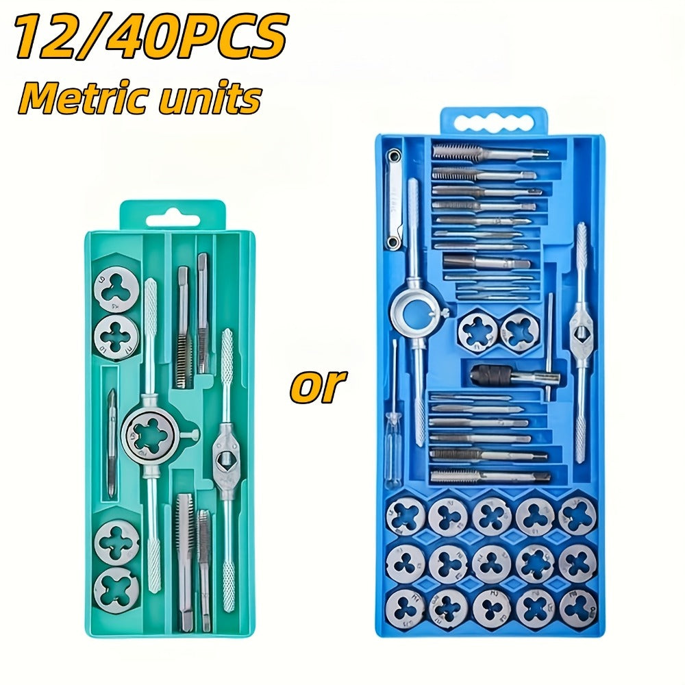 Metric Tap and Die Threading Set with M3 to M12 Sizes in 12- or 40-Piece Storage Case Configurations