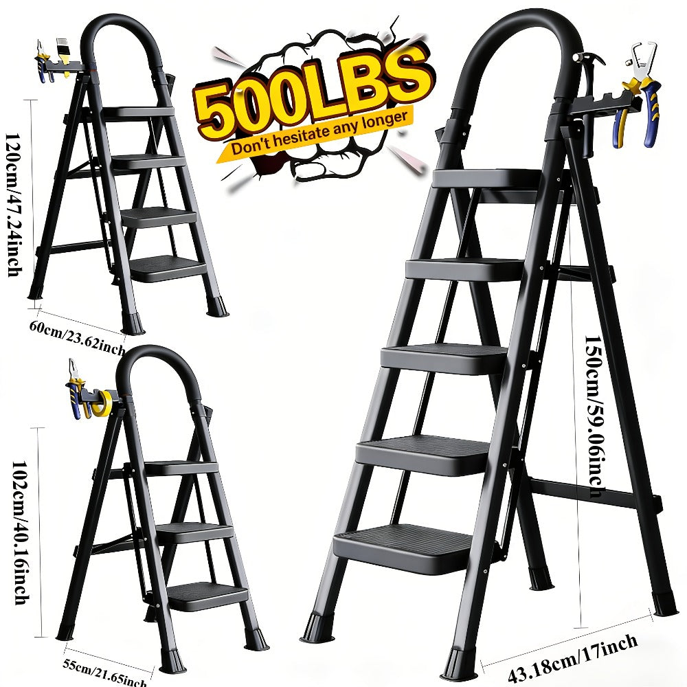 Folding Step Stool Ladder 500lbs Heavy Duty Steel with Anti-Slip Wide Treads & Handrails – Safety Lock, Portable Multi-Step Ladder for Home, Kitchen & Outdoor Use, Mini / Medium / Large