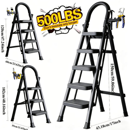 Folding Step Stool Ladder 500lbs Heavy Duty Steel with Anti-Slip Wide Treads & Handrails – Safety Lock, Portable Multi-Step Ladder for Home, Kitchen & Outdoor Use, Mini / Medium / Large