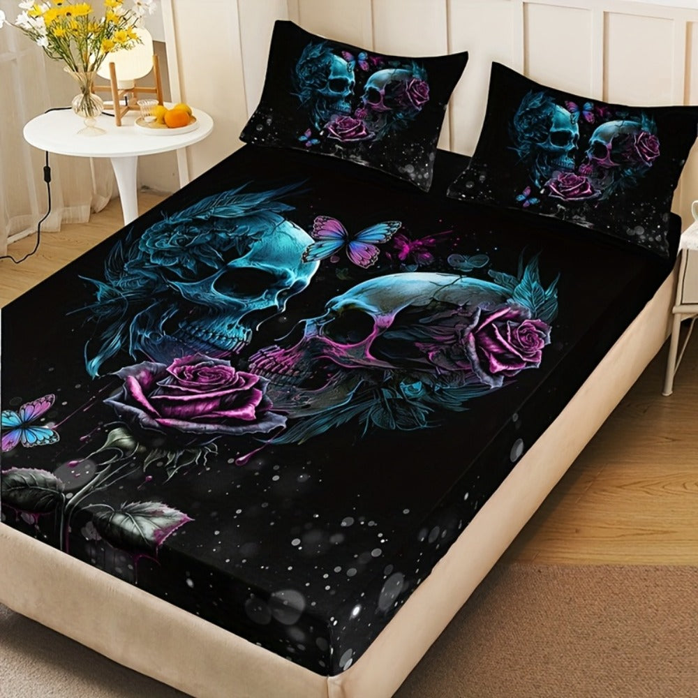 Gothic Skull Rose Fitted Sheet Set 3-Piece Halloween Bedding, HD Print Skull Flower Deep Pocket Fitted Sheet with 2 Pillowcases, Machine Washable Hypoallergenic, Twin Full Queen King, Bedroom Dorm Decor