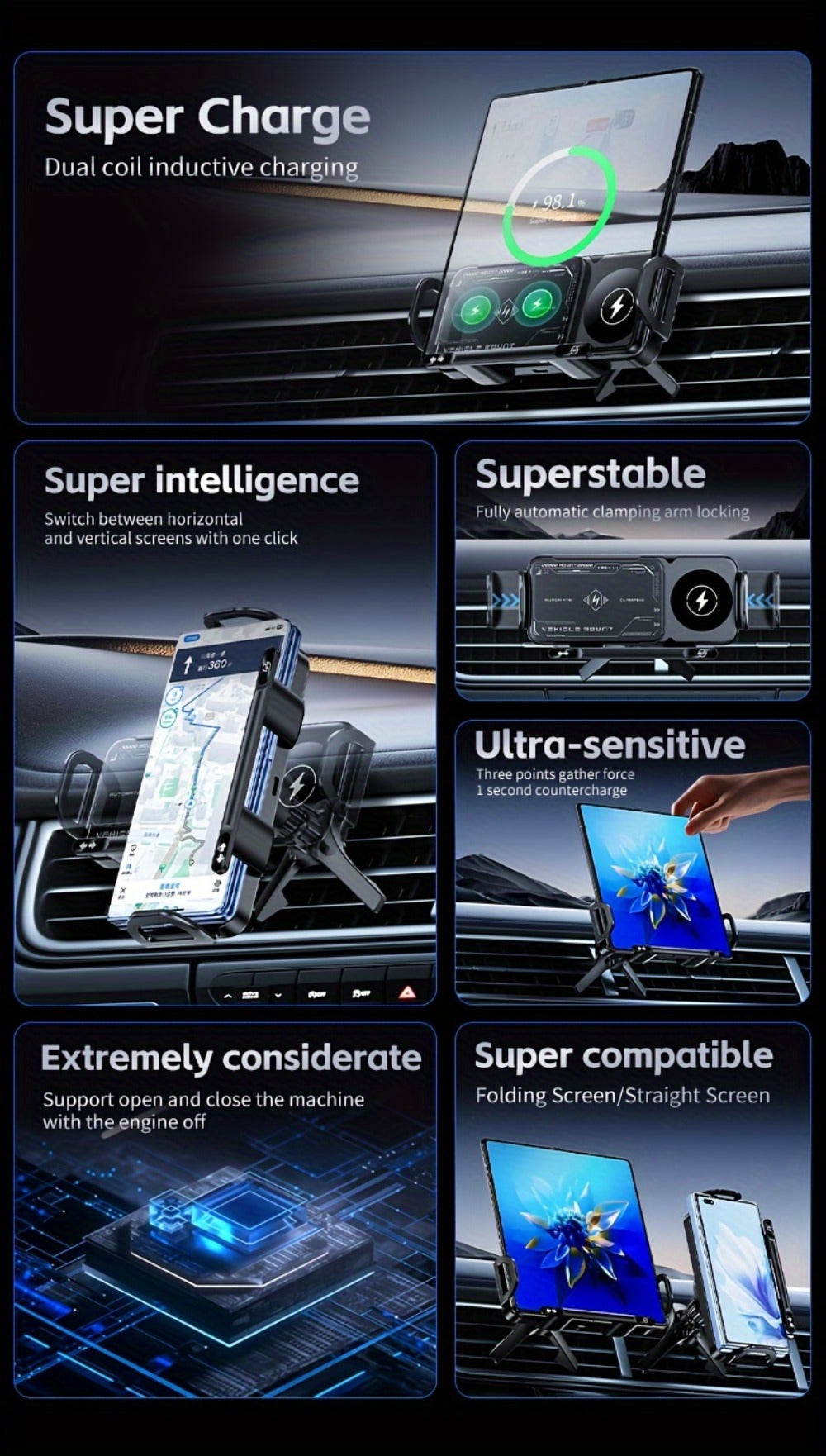 Car Wireless Charger Mount for Samsung Galaxy Z Fold 15W Auto-Clamping Fast Charging Holder – 360° Rotating Ball Joint, Air Vent & Center Console Mount, Super Capacitor Power-Off Delay | All Qi Phones