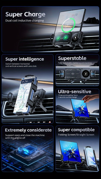 Car Wireless Charger Mount for Samsung Galaxy Z Fold 15W Auto-Clamping Fast Charging Holder – 360° Rotating Ball Joint, Air Vent & Center Console Mount, Super Capacitor Power-Off Delay | All Qi Phones