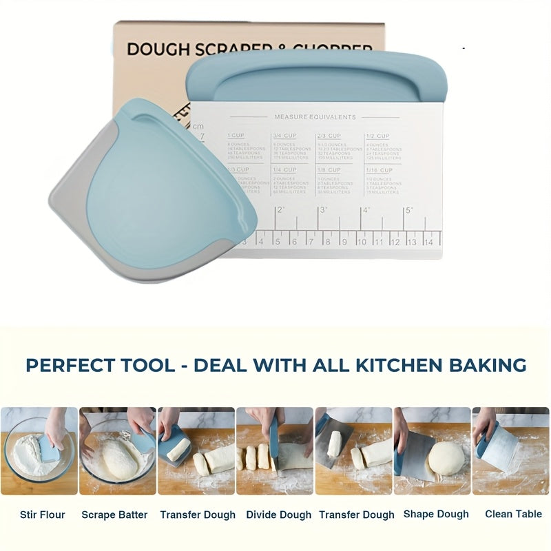 Two-Piece Dough Scraper Set with Metal Bench Cutter, Measurement Guide and Blue or Grey Bowl Scraper
