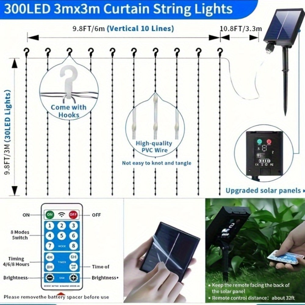 Solar Curtain String Lights, 3 x 3 Meters with 300 LEDs, Remote Control and One- or Two-Pack Options
