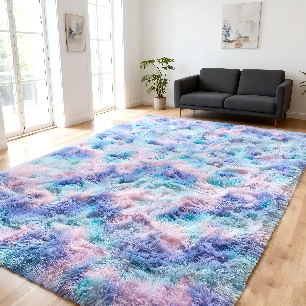Area Rug Rainbow Purple Tie-Dye Shag in Three Machine-Washable Sizes for Bedroom or Living Room