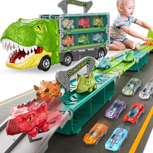 Dinosaur Truck Toys 13-in-1 Transport Carrier with 63-Inch Foldable Race Track | 6 Dino Cars + 6 Die-Cast Cars | 2-Player Racing Mode | Kids Birthday Christmas Gift