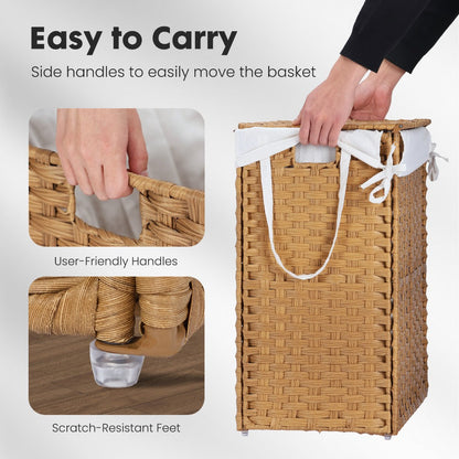 Woven Laundry Hamper with Hinged Lid, Removable Fabric Liner and Side Handles in Two Sizes and Brown or Gray