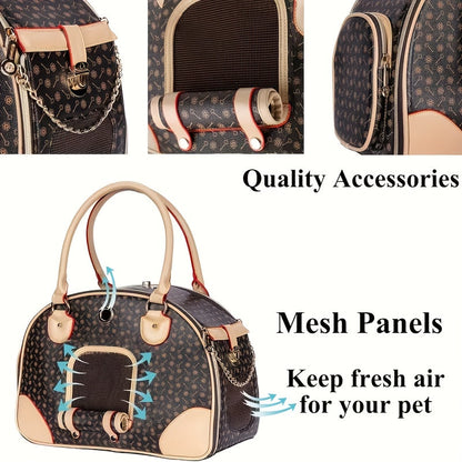 Patterned Pet Carrier Handbag with Mesh Side Panel, Top Handles and 17 x 12 x 8-Inch Pictured Size